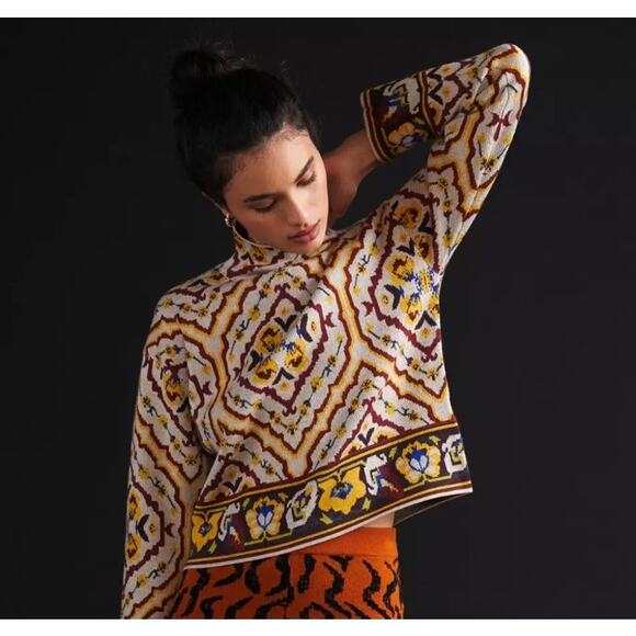 Anthropologie Contrast Mock Neck Viscose Blend Long Sleeve Sweater Size S - Picture 1 of 8